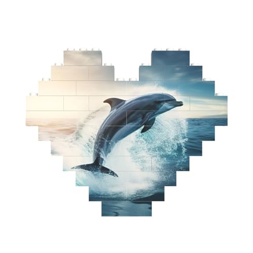 Schwimmender Delfin im blauen Meer, Baustein-Puzzle, herzförmig, personalisierbar, Valentinstagsgeschenk Schwimmender Delfin im blauen Meer, Baustein-Puzzle, herzförmig, personalisierbar, Valentinstagsgeschenk von ASSORT