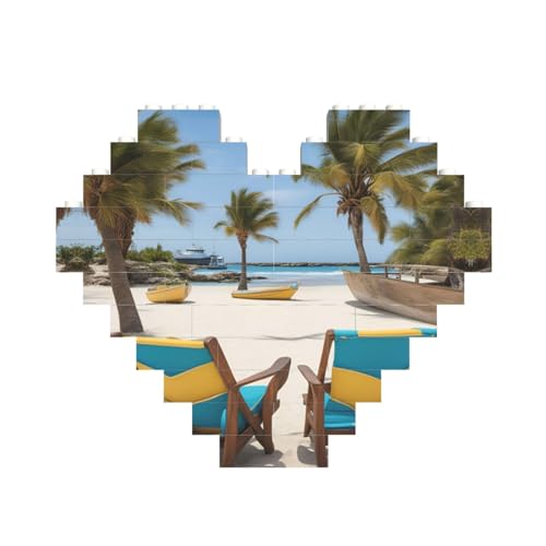 Strand-Palmen-Stühle, Boote, Druck, Baustein-Puzzle, herzförmig, personalisierbar, Valentinstagsgeschenk Strand-Palmen-Stühle, Boote, Druck, Baustein-Puzzle, herzförmig, personalisierbar, Valentinstagsgeschenk von ASSORT