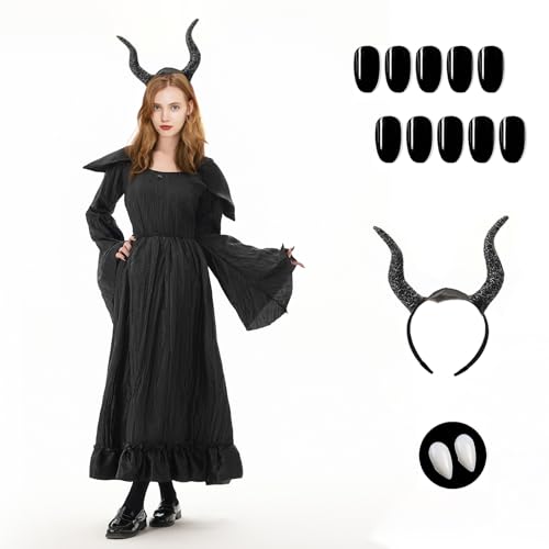 ASSUGO Maleficent Kostüm Damen, Halloween Kleid Mit Hörnern, Schwarzes Maskerade Party Foto Requisiten für Damen Mädchen (XXL) von ASSUGO