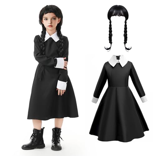 ASSUGO wensdey kostüm kinder, halloween kostüm kinder,Inklusive schwarzes kleid halloween und wednesday perücke, wednesday kostüm halloween kinder Geeignet für Halloween Partys,Cosplay (150) von ASSUGO