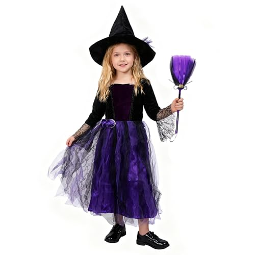 ASSUGO halloween kostüm kinder hexe mädchen, 3pcs halloween kostüm hexe Kinder, Enthält Hexenhut, einen hexenkostüm kinder hexenbesen für Cosplay Party Karneval (M) von ASSUGO