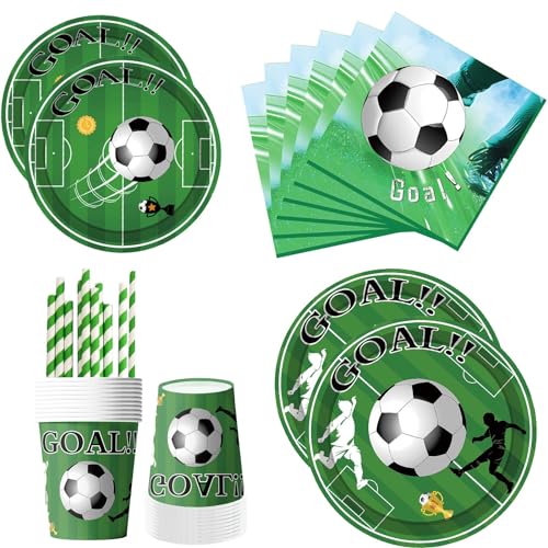 ASSUGO pappteller Fussball fußball deko Geburtstag einwegteller 60pcs, Kindergeburtstag Partygeschirr mit fußball servietten Teller Becher Strohhalme - EM 2024 geburtstagsdeko von ASSUGO