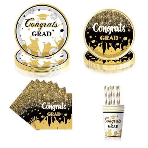 Graduation deko Partygeschirr ,60pcs graduation tischdeko , Inklusive pappteller schwarz , servietten schwarz gold , pappbecher ,Strohhalme schulabschluss party deko geeignet für abschlussfeier von ASSUGO