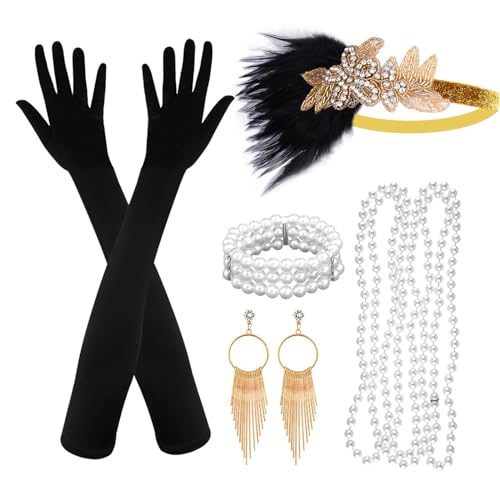 ASTARON 20er Jahre Accessoires Damen Schwarz Gold, 20er Jahre Mode, 1920er Accessoires damen, Great Gatsby Accessoires Inklusive Haarschmuck Handschuhe Halskette Ohrringe Perlenarmband von ASTARON