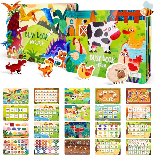 Astaron 2 Stück Montessori Spielzeug DIY beschäftigt Buch für Kleinkinder 3 4 5 6 Jahre alt, Bauernhof & Dinosaurier Thema Pädagogisches Spielzeug Geschenke für 3–5 Jahre alte Jungen Mädchen Kinder von ASTARON
