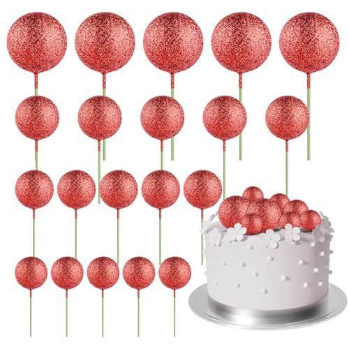ASTARON 20 Stück Tortendeko Kugeln Cake Topper, Mini-Ballons Tortenaufleger für Hochzeit Party Babyparty Geburtstag Torte Dekorieren(Glitzer Rot) von ASTARON