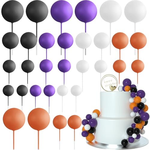 ASTARON 32 Stück Halloween Tortendeko Kugeln Cake Topper, Mini Luftballons Tortenaufleger Sticks Geburtstagstortenaufleger Picks Tortendekorationen für Halloween Zubehör (Orange, Schwarz, Lila) von ASTARON