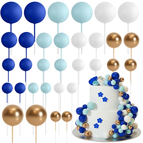 ASTARON 32 Stück Tortendeko Kugeln Cake Topper, Mini-Ballons Tortenaufleger für Hochzeit Party Baby Dusche Geburtstag Torte Dekorieren(Blau Gold) von ASTARON