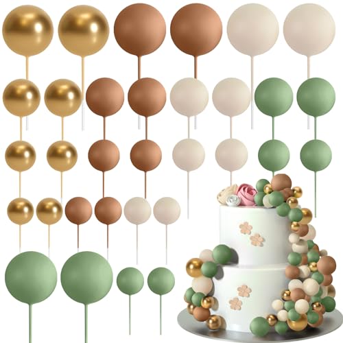 ASTARON 32 Stück Tortendeko Kugeln Cake Topper, Mini-Ballons Tortenaufleger für Hochzeit Party Babyparty Geburtstag Torte Dekorieren (Grün, Braun, Gold) von ASTARON