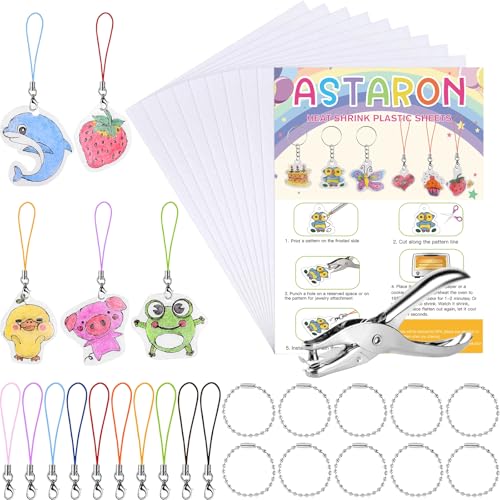 ASTARON Bedruckbares Schrumpffolien-Set, 10 Stück A4-Schrumpffolien, blankes Kunstpapier, Locher und 40 Schlüsselbänder, Schrumpf-Schlüsselanhänger, Schmuckzubehör, Bastelbedarf ASTARON Bedruckbares Schrumpffolien-Set, 10 Stück A4-Schrumpffolien, blankes Kunstpapier, Locher und 40 Schlüsselbänder, Schrumpf-Schlüsselanhänger, Schmuckzubehör, Bastelbedarf von ASTARON