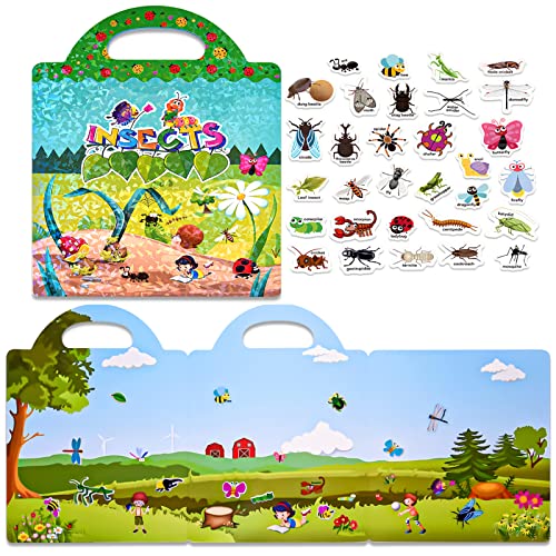 ASTARON Wiederverwendbare 3D Puffy Sticker Buch für Kinder 2-6, niedliche wasserdichte Insekten Aufkleber 88 Pcs, Puffy Sticker Spiel Reise Aufkleber und pädagogische Sensory Learning Toy Busy Book von ASTARON