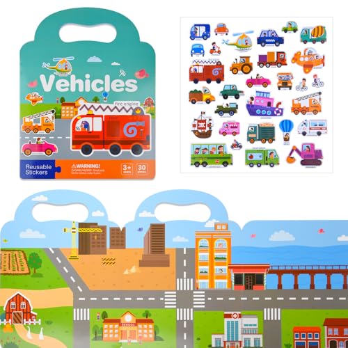 ASTARON wiederverwendbares 3D-Stickerbuch für Kinder, niedliche wasserdichte Fahrzeugaufkleber, Jelly-Sticker-Spiel-Reiseaufkleber, Sticker-Szenenbücher für Kleinkinder von ASTARON