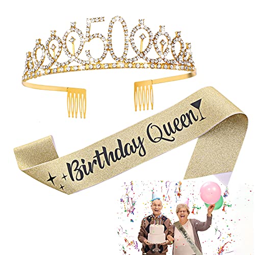 Aster Geburtstagskrone 50. Geburtstag Krone und Schärpe für Mädchen, 50th Birthday Queen Schärpe Tiara-Set, Prinzessin Strass Birthday Party Dekorationen, 50. Geburtstags Tiara Aster Geburtstagskrone 50. Geburtstag Krone und Schärpe für Mädchen, 50th Birthday Queen Schärpe Tiara-Set, Prinzessin Strass Birthday Party Dekorationen, 50. Geburtstags Tiara von ASTER