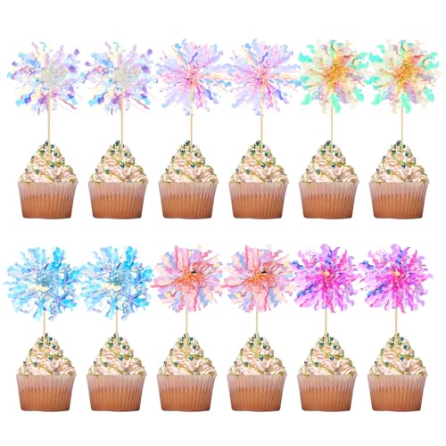 Tortenaufsätze "Happy Birthday", 12 Stück, Folien-Feuerwerk, Cupcake-Topper, 6 Farben, glitzernde Lametta-Zahnstocher, Blumen, Kuchendekoration, Cocktail-Topper, Getränketrührer, Obst-Zahnstocher für von ASTER