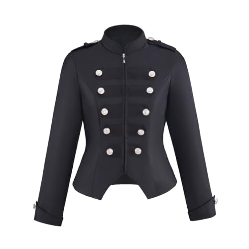 ASTRICOS Damen Viktorianisches Gothic Steampunk Zirkusdirektor Jacke Kostüm Militär Stehkragen Rock Gehrock Zirkusrotes Top (Schwarz, XS) von ASTRICOS