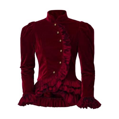 ASTRICOS Damen Vintage Viktorianischer Edwardianischer Gothic Samtmantel Mittelalter Steampunk Langarmjacke mit Rüschen (Rot, M) von ASTRICOS