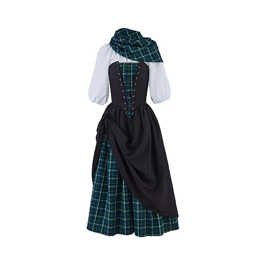 ASTRICOS Mittelalter Kostüm, Schottisches Hochlandkleid für Damen, Renaissance Cosplay Kleid mit Stehkragen, Schwarz-Grün Kariert (M) von ASTRICOS
