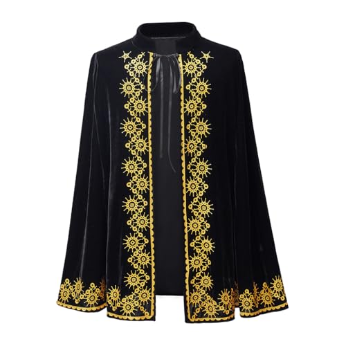 ASTRICOS Mittelalterlicher Samt-Umhang, Königlicher Stil, Schwarz mit Goldstickerei, Stehkragen (Schwarz, Einheitsgröße) von ASTRICOS