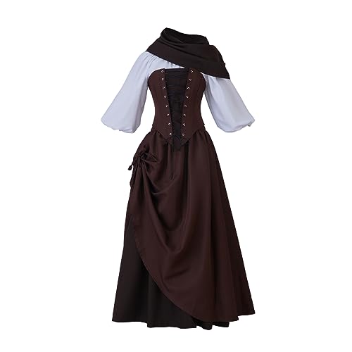 ASTRICOS Mittelalterliches Kostüm Kleid, Braun mit Weißen Ärmeln, Korsett-Design mit Schnürung, Historisches Gewand (M) von ASTRICOS