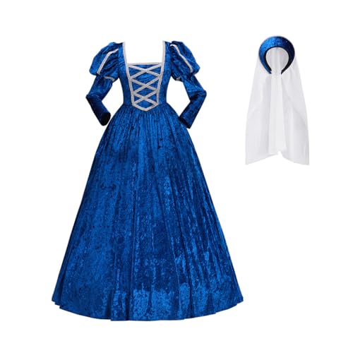 ASTRICOS Mittelalterliches Tudor-Kostüm von Königin Elisabeth und Anne Boleyn mit Kopfbedeckung, Renaissance-Ballkleid für Damen (Blau, S) von ASTRICOS