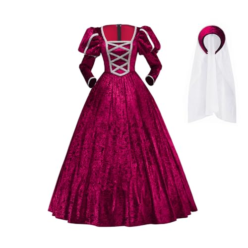 ASTRICOS Mittelalterliches Tudor-Kostüm von Königin Elisabeth und Anne Boleyn mit Kopfbedeckung, Renaissance-Ballkleid für Damen (Rot, L) von ASTRICOS