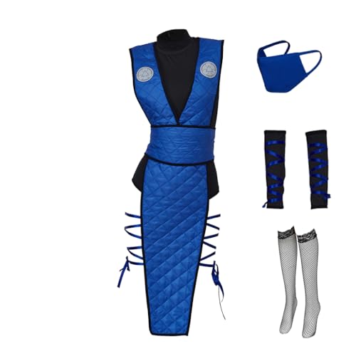 ASTRICOS Mortal Kombat Ninja Cosplay Kostüm Set, Kampfanzug mit Gesichtsmaske und Zubehör, Damen Faschingskostüm in Blau/Grün (Blau, XS) von ASTRICOS