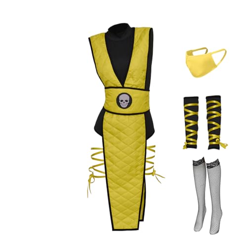 ASTRICOS Mortal Kombat Ninja Cosplay Kostüm Set, Kampfanzug mit Gesichtsmaske und Zubehör, Damen Faschingskostüm in Blau/Grün (Gelb, XS) von ASTRICOS
