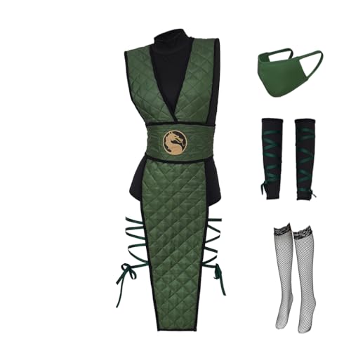 ASTRICOS Mortal Kombat Ninja Cosplay Kostüm Set, Kampfanzug mit Gesichtsmaske und Zubehör, Damen Faschingskostüm in Blau/Grün (Grün, M) von ASTRICOS