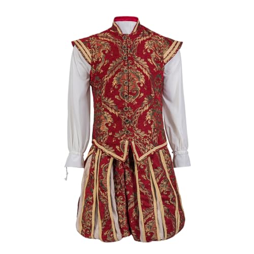 ASTRICOS Renaissance Tudor Elizabeth König Prinz Cosplay Uniform Weste Hemd Hose Komplettset Luxuriöse bestickte Outfits für Herren (Rot und Gold, M) von ASTRICOS