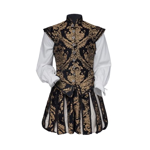 ASTRICOS Renaissance Tudor Elizabeth König Prinz Cosplay Uniform Weste Hemd Hose Komplettset Luxuriöse bestickte Outfits für Herren (Schwarz und Gold, S) von ASTRICOS
