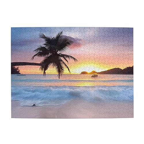Sonnenaufgang Tropische Palme Insel Druck Puzzle Personalisierte Puzzle Holzpuzzle Lustiges Puzzle 500 Teile für Erwachsene Geburtstag von ASmeir