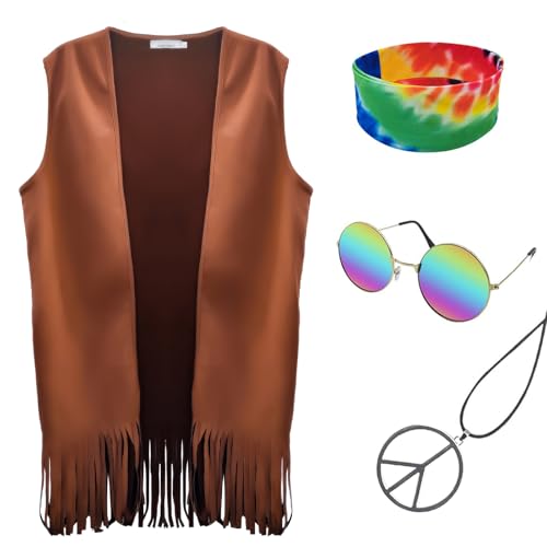 ATAMET Hippie-Kostüm für Herren, 60er und 70er Jahre, Fransenweste, Karneval, Party, Quaste, Weste, Hippie-Party, Halloween-Kostüm (Braun, Größe M) von ATAMET