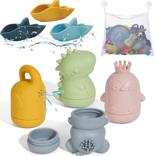 ATAUSD 8 Stück Badewannenspielzeug, Badespielzeug Baby Silikon Badewanne Spielzeug Badewannenspielzeug Boot Wasserspielzeug mit Aufbewahrungstasche, Geschenke für Baby Kleinkinder ab 6 Monate 1 Jahr von ATAUSD