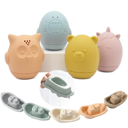 ATAUSD 4 Tierische Spritztiere + 5 Boote Badespielzeug Set aus Sicher Silikon,Baby Badewannenspielzeug ab 6 Monaten,Motorikspielzeug & Wasserspaß für Kleinkinder in Geschenkbox (9-TLG) von ATAUSD