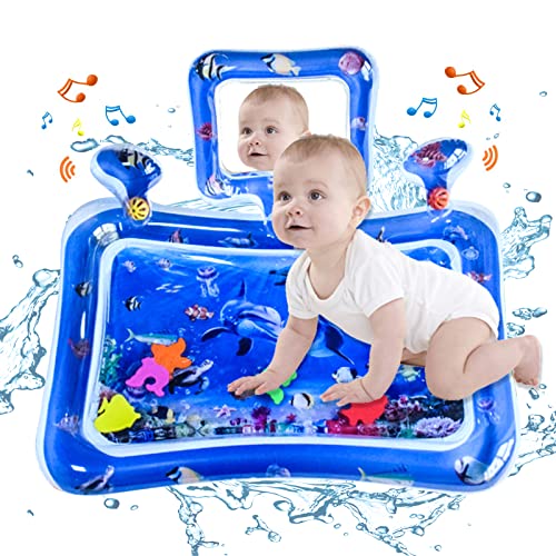 ATAUSD Wassermatte Baby BPA-frei, Wasserspielmatte Baby Spielzeug mit Spiegel und Glocke, Aufblasbare Bauchzeit Matte Spielzeug, für Baby ab 3 6 9 Monate, 70 x 50cm, Delfin von ATAUSD