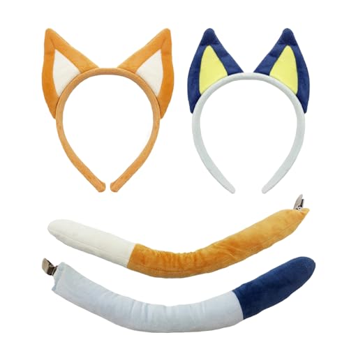 ATAYOU 4 Pcs Hund Ohren und Schwanz, Blau und Orange Hundeohren Stirnband für Halloween Cosplay Kostüm Zubehör von ATAYOU