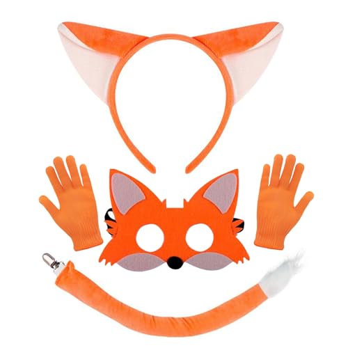 ATAYOU Halloween-Fuchs-Cosplay-Zubehör-Set mit orangefarbener Fuchsmaske und Schwanzhandschuhen, für Damen und Mädchen, 4 Stück von ATAYOU