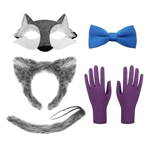 ATAYOU Kleine Größe Wolfsohren Stirnband Maske und Schwänze mit lila Handschuhe und Blur Fliege für Halloween Cosplay von ATAYOU