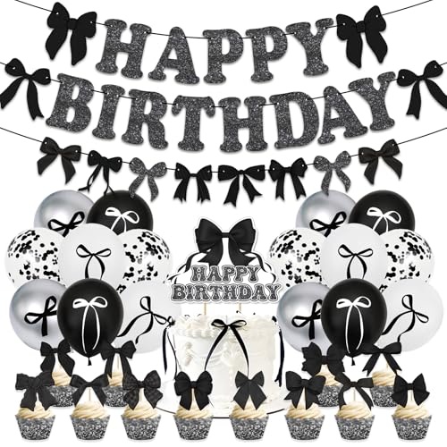 32 Stück schwarze Schleifen-Geburtstagsdekorationen für Mädchen, Party-Luftballons, Happy Birthday-Banner, Wimpelkette, Kuchendekoration, hängende Wimpelkette für sie, Babyparty, Hochzeit, Kokette 32 Stück schwarze Schleifen-Geburtstagsdekorationen für Mädchen, Party-Luftballons, Happy Birthday-Banner, Wimpelkette, Kuchendekoration, hängende Wimpelkette für sie, Babyparty, Hochzeit, Kokette von ATBEAMEN