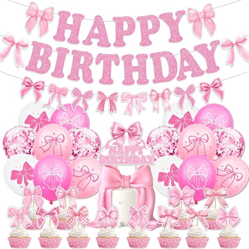 HotPink Schleifen-Geburtstagsdekorationen für Mädchen, Party-Luftballons, Happy Birthday-Banner, Wimpelkette, Kuchendekoration, hängende Wimpelkette für sie, Babyparty, Hochzeit, Kokette, Mottoparty HotPink Schleifen-Geburtstagsdekorationen für Mädchen, Party-Luftballons, Happy Birthday-Banner, Wimpelkette, Kuchendekoration, hängende Wimpelkette für sie, Babyparty, Hochzeit, Kokette, Mottoparty von ATBEAMEN