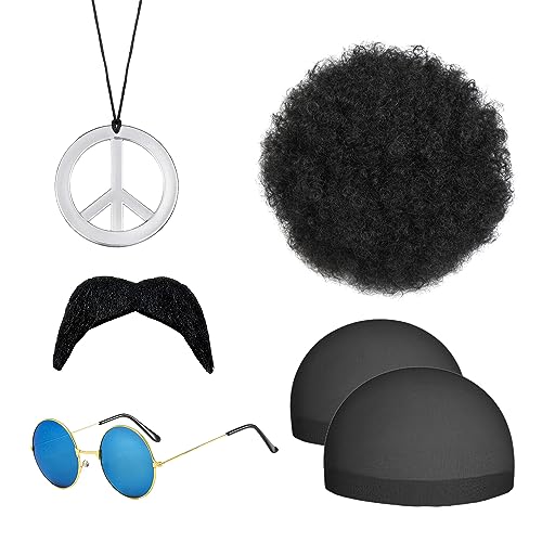 4 PCS Hippie Zubehör Set, 2 PCS Haarnetze, 70er, 80er, Sonnenbrille, Afro, falscher Bart, Peace Sign Halskette, Fancy Dress für Disco, Cosplay, Retro Rock. 4 PCS Hippie Zubehör Set, 2 PCS Haarnetze, 70er, 80er, Sonnenbrille, Afro, falscher Bart, Peace Sign Halskette, Fancy Dress für Disco, Cosplay, Retro Rock. von ATBUSS