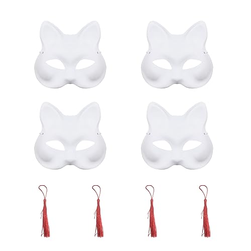 4 Stück weiße Katzenmasken mit 4 roten Quasten, Art Blank Fox Katzenmasken, bemalbare DIY bemalte Masken, handbemalte Masken für Halloween Karneval Maskerade Party von ATBUSS