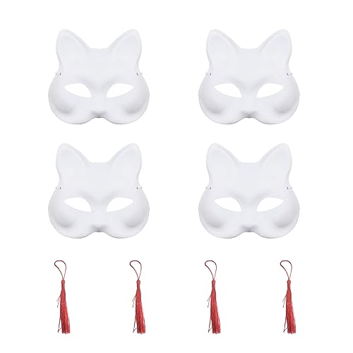 4 Stück weiße Katzenmasken mit 4 roten Quasten, Art Blank Fox Katzenmasken, bemalbare DIY bemalte Masken, handbemalte Masken für Halloween Karneval Maskerade Party von ATBUSS