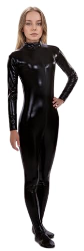 ATHX Damen-Bodysuit, glänzend, metallisch, Wet-Look, Halloween, Cosplay, Reißverschluss vorne, Zentai-Anzug (Schwarz, XL) von ATHX