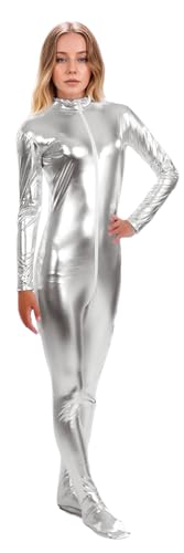 ATHX Damen-Bodysuit, glänzend, metallisch, Wet-Look, Halloween, Cosplay, Reißverschluss vorne, Zentai-Anzug (Silber, Größe L) von ATHX