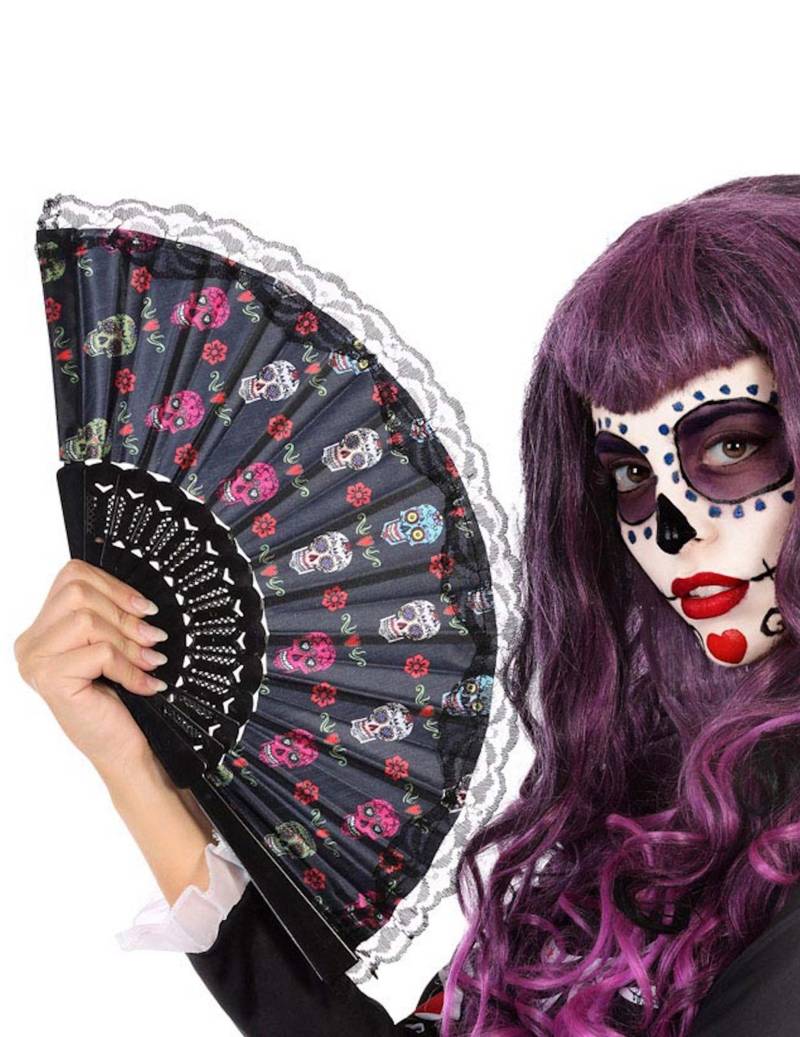 Día de los Muertos-Fächer Halloween-Accessoire schwarz-weiss-rosa von ATOSA