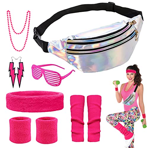 90er 80er Jahre Accessoires Damen Herren Bauchtasche 80er Jahre Stirnband Neon Stulpen Schweißbänder Neon Party Outfit 80er Jahre Outfit Damen Mottoparty Aerobic Outfit 80er kleidung Typisch (Rosa) von ATOWORLD