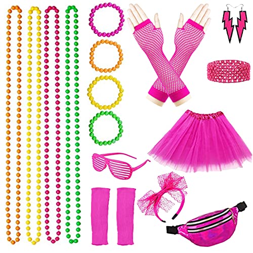 90er 80er Jahre Accessoires Set Neon 80er Jahre Outfit Damen Mottoparty Sport Aerobic Outfit 80er Bauchtasche Damen kleidung Typisch 80er Jahre Neon Rock Stulpen Stirnband Schweißbänder (Rose) von ATOWORLD