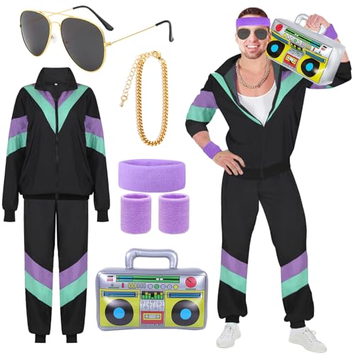 90er 80er Jahre Outfit Herren Damen Mottoparty Kostüm Kostüm 80er Jahre Trainingsanzug Jacke Hose Anzug 80er Accessoire 80er Jahre Kleidung Herren Frauen Rocker Bad Taste Kostüm für Karneval (M) von ATOWORLD