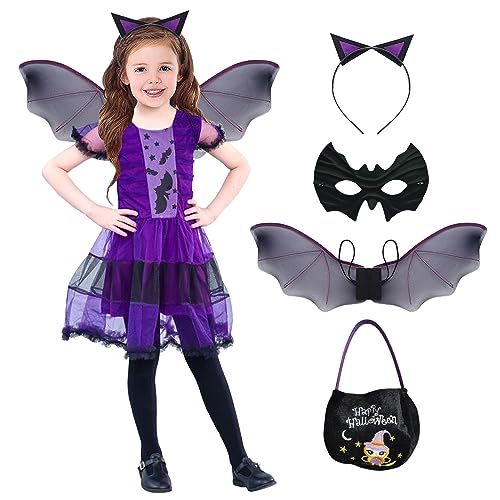 ATOWORLD Fledermaus Kostüm Kinder Mädchen 110 116 122 mit Fledermaus Flügel Tutu Kleid Maske Handtasche Haarreif Halloween Kostüm Fledermaus kleid Fledermaus Kostüm Mädchen Vampir Hexe Kostüm Kinder von ATOWORLD